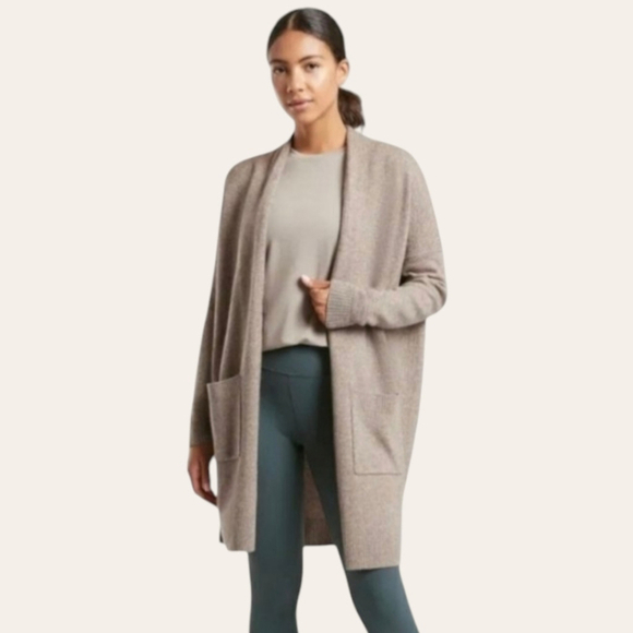 Athleta Cashmere Wool Blend Oversized Side Slit Open Front Cardigan Taupe sz S - Picture 1 of 14